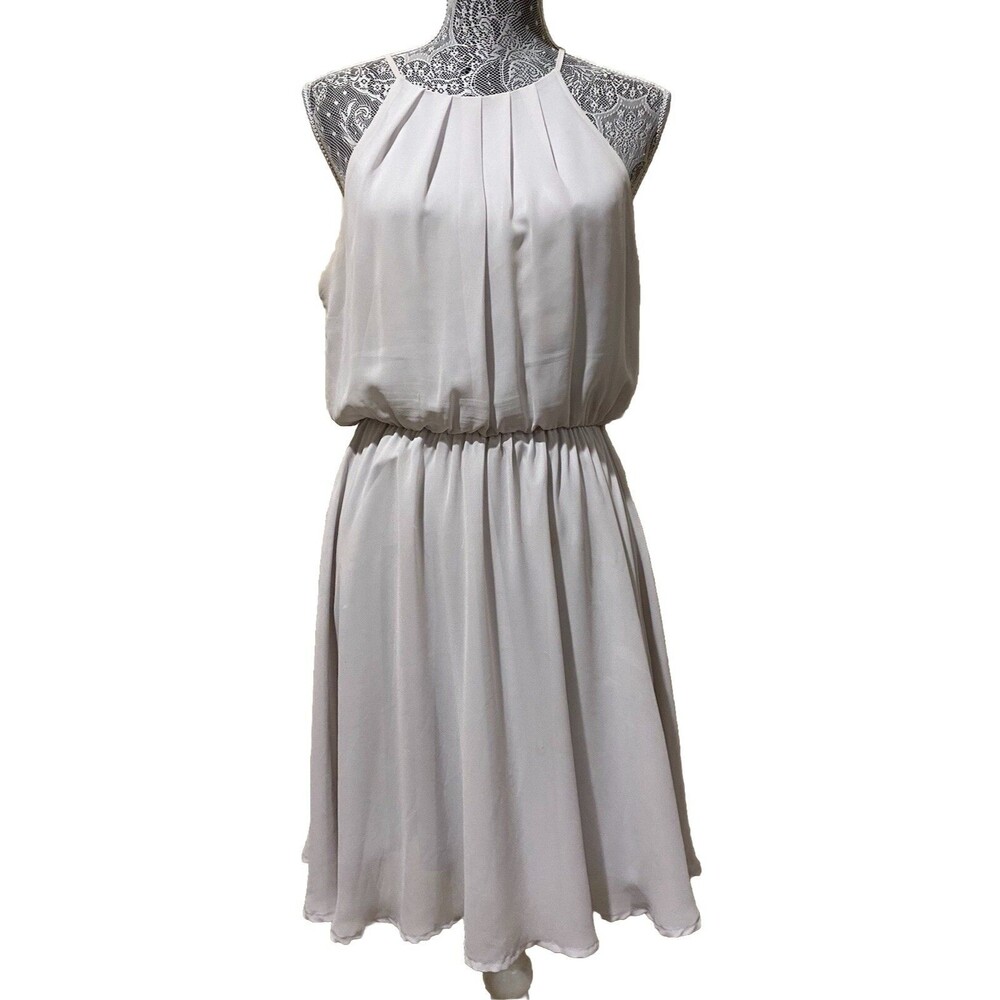 Lush Womens L Gray Chiffon Halter Mini Dress Pleated Blouson Party Cocktail Gown - Picture 7 of 16